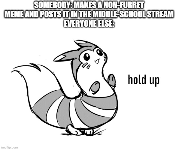 Furret hold up | SOMEBODY: MAKES A NON-FURRET MEME AND POSTS IT IN THE MIDDLE-SCHOOL STREAM
EVERYONE ELSE: | image tagged in furret hold up | made w/ Imgflip meme maker