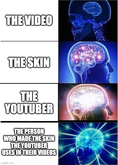 <insert title> | THE VIDEO; THE SKIN; THE YOUTUBER; THE PERSON WHO MADE THE SKIN THE YOUTUBER USES IN THEIR VIDEOS | image tagged in memes,expanding brain | made w/ Imgflip meme maker