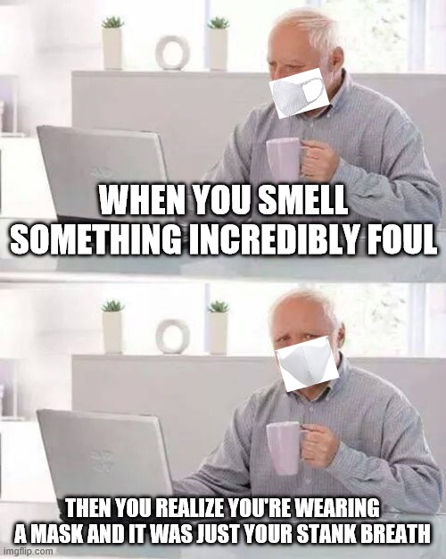 Hide the Pain Harold |  WHEN YOU SMELL SOMETHING INCREDIBLY FOUL; THEN YOU REALIZE YOU'RE WEARING A MASK AND IT WAS JUST YOUR STANK BREATH | image tagged in memes,hide the pain harold,covid-19,covid,mask,bad breath | made w/ Imgflip meme maker