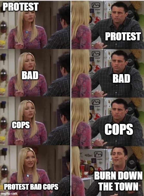 Happens every damn time.  Honor their fallen by stealing tvs, looting liquor stores, and burning down their neighborhood. | PROTEST; PROTEST; BAD; BAD; COPS; COPS; BURN DOWN THE TOWN; PROTEST BAD COPS | image tagged in friends joey teached french,funny,politics,political meme | made w/ Imgflip meme maker