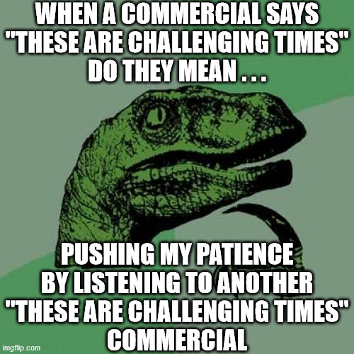Philosoraptor | WHEN A COMMERCIAL SAYS
"THESE ARE CHALLENGING TIMES"
DO THEY MEAN . . . PUSHING MY PATIENCE
BY LISTENING TO ANOTHER
"THESE ARE CHALLENGING TIMES"
COMMERCIAL | image tagged in memes,philosoraptor,challenge accepted,commercials,aint nobody got time for that,one does not simply | made w/ Imgflip meme maker
