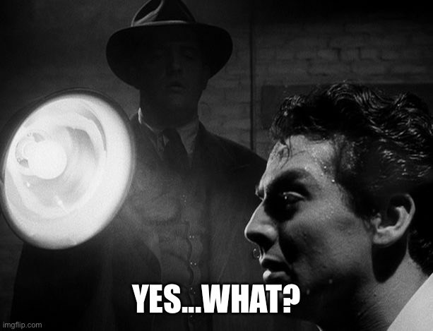 Interrogation | YES...WHAT? | image tagged in interrogation | made w/ Imgflip meme maker