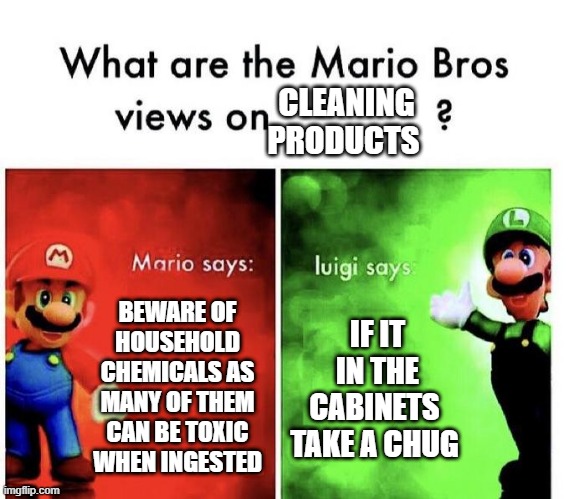 Mario Bros Views | CLEANING PRODUCTS; BEWARE OF HOUSEHOLD CHEMICALS AS MANY OF THEM CAN BE TOXIC WHEN INGESTED; IF IT IN THE CABINETS  TAKE A CHUG | image tagged in mario bros views | made w/ Imgflip meme maker