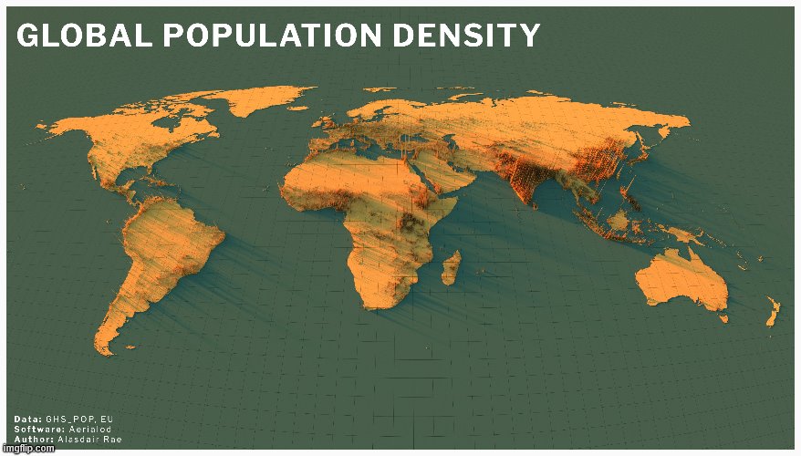 Global population density map. Wow. This is crazy! | image tagged in world map,map,maps,cool,world,population | made w/ Imgflip meme maker