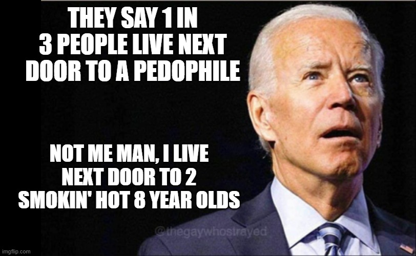 Joe Biden | THEY SAY 1 IN 3 PEOPLE LIVE NEXT DOOR TO A PEDOPHILE; NOT ME MAN, I LIVE NEXT DOOR TO 2 SMOKIN' HOT 8 YEAR OLDS | image tagged in joe biden | made w/ Imgflip meme maker