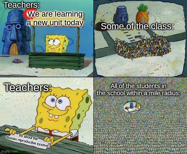 New Unit | Teachers:; We are learning a new unit today; Some of the class:; Teachers:; All of the students in the school within a mile radius:; It's about the human reproductive system | image tagged in spongebob crowd meme | made w/ Imgflip meme maker
