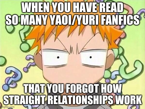 WHEN YOU HAVE READ SO MANY YAOI/YURI FANFICS; THAT YOU FORGOT HOW STRAIGHT RELATIONSHIPS WORK | image tagged in memes,anime,yaoi,yuri,fanfiction | made w/ Imgflip meme maker