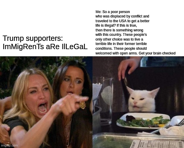 Woman Yelling At Cat Meme | Me: So a poor person who was displaced by conflict and traveled to the USA to get a better life is illegal? If this is true, then there is something wrong with this country. These people's only other choice was to live a terrible life in their former terrible conditions. These people should welcomed with open arms. Get your brain checked; Trump supporters: ImMigRenTs aRe IlLeGaL | image tagged in memes,woman yelling at cat | made w/ Imgflip meme maker