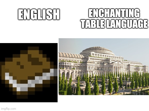 Enchanting table language | ENCHANTING TABLE LANGUAGE; ENGLISH | image tagged in minecraft | made w/ Imgflip meme maker