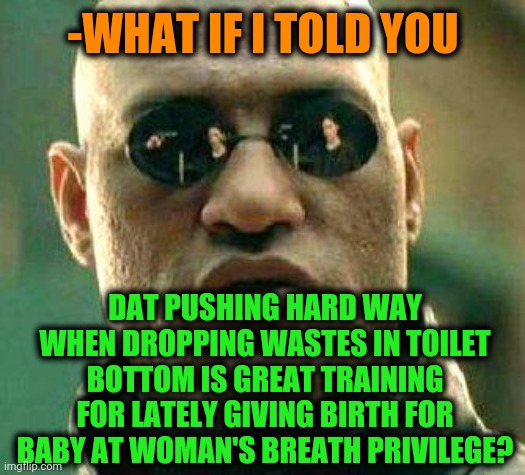 -Don't waste your time no useful. | -WHAT IF I TOLD YOU; DAT PUSHING HARD WAY WHEN DROPPING WASTES IN TOILET BOTTOM IS GREAT TRAINING FOR LATELY GIVING BIRTH FOR BABY AT WOMAN'S BREATH PRIVILEGE? | image tagged in what if i told you,crying baby,birth control,years of academy training wasted,heavy breathing,toilet humor | made w/ Imgflip meme maker