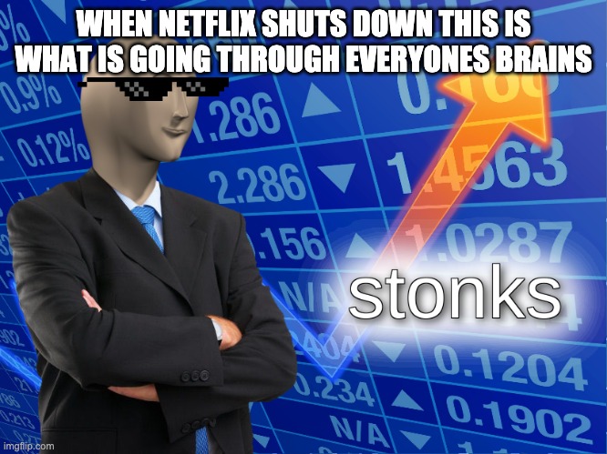 stonks | WHEN NETFLIX SHUTS DOWN THIS IS WHAT IS GOING THROUGH EVERYONES BRAINS | image tagged in stonks | made w/ Imgflip meme maker