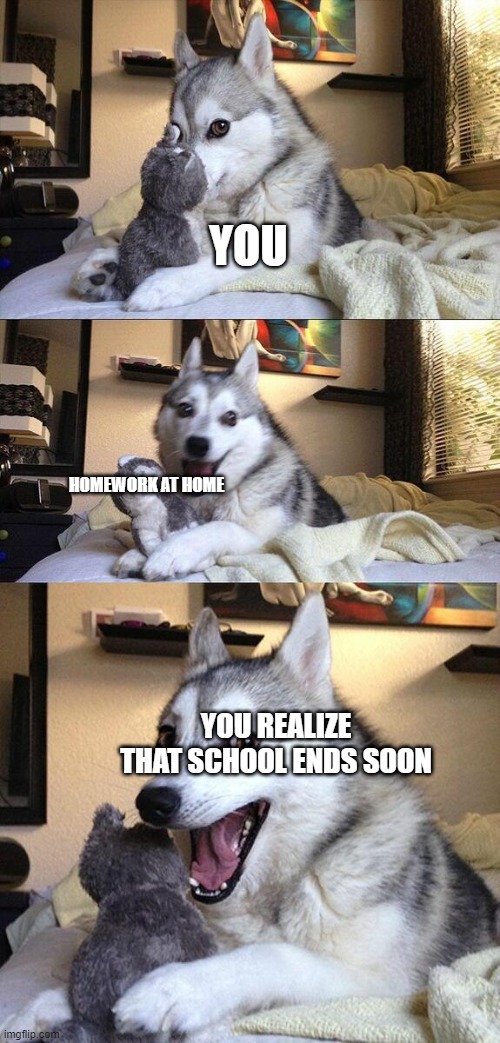 Bad Pun Dog | YOU; HOMEWORK AT HOME; YOU REALIZE THAT SCHOOL ENDS SOON | image tagged in memes,bad pun dog | made w/ Imgflip meme maker
