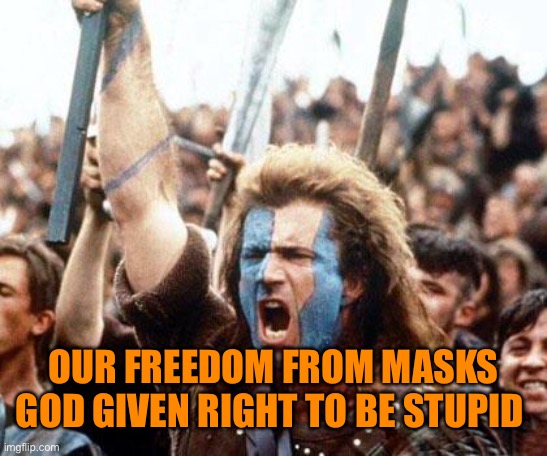 braveheart freedom | OUR FREEDOM FROM MASKS
GOD GIVEN RIGHT TO BE STUPID | image tagged in braveheart freedom | made w/ Imgflip meme maker