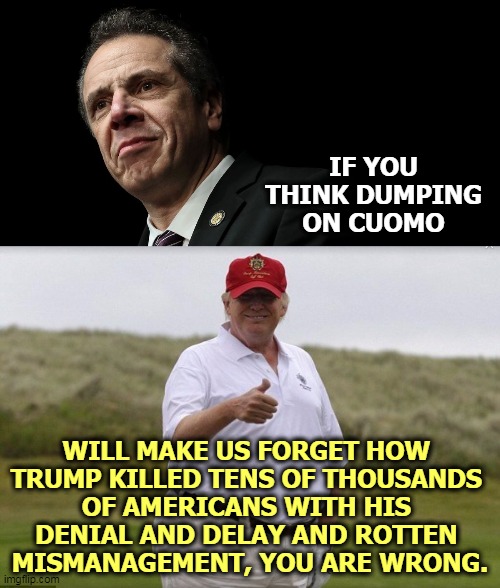 If Trump had acted two weeks earlier, 90% of American deaths could have been avoided. Trump's mistakes killed a lot more people. | IF YOU THINK DUMPING ON CUOMO; WILL MAKE US FORGET HOW 
TRUMP KILLED TENS OF THOUSANDS 
OF AMERICANS WITH HIS 
DENIAL AND DELAY AND ROTTEN 
MISMANAGEMENT, YOU ARE WRONG. | image tagged in andrew cuomo much loved governor of ny state,andrew cuomo,smart,trump,stupid,incompetence | made w/ Imgflip meme maker