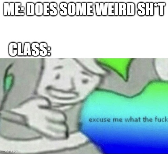 Excuse me wtf blank template | ME: DOES SOME WEIRD SH*T; CLASS: | image tagged in excuse me wtf blank template | made w/ Imgflip meme maker