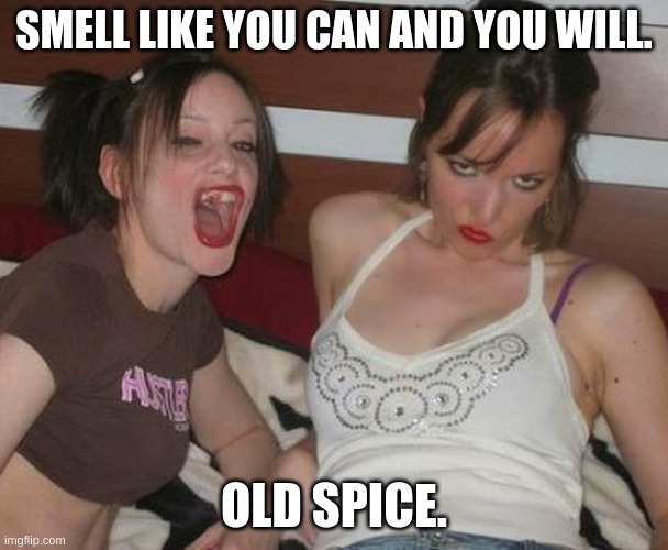 Skanky hustler girls missing teeth | SMELL LIKE YOU CAN AND YOU WILL. OLD SPICE. | image tagged in skanky hustler girls missing teeth | made w/ Imgflip meme maker