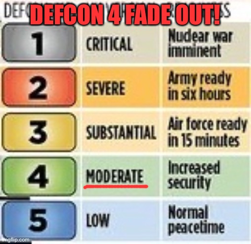 DEFCON | DEFCON 4 FADE OUT! | image tagged in defcon | made w/ Imgflip meme maker