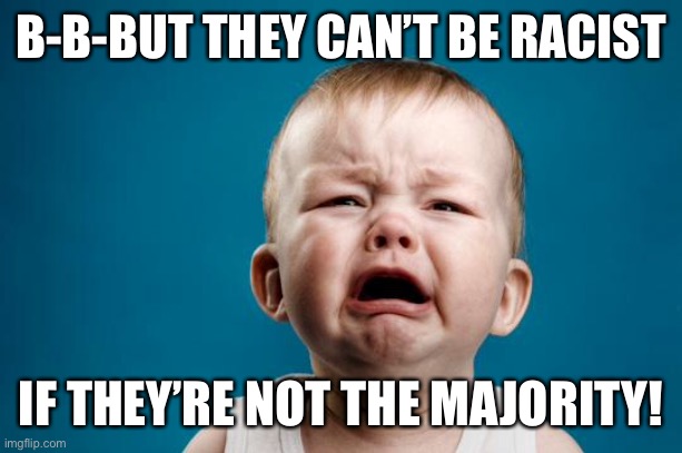 BABY CRYING | B-B-BUT THEY CAN’T BE RACIST IF THEY’RE NOT THE MAJORITY! | image tagged in baby crying | made w/ Imgflip meme maker