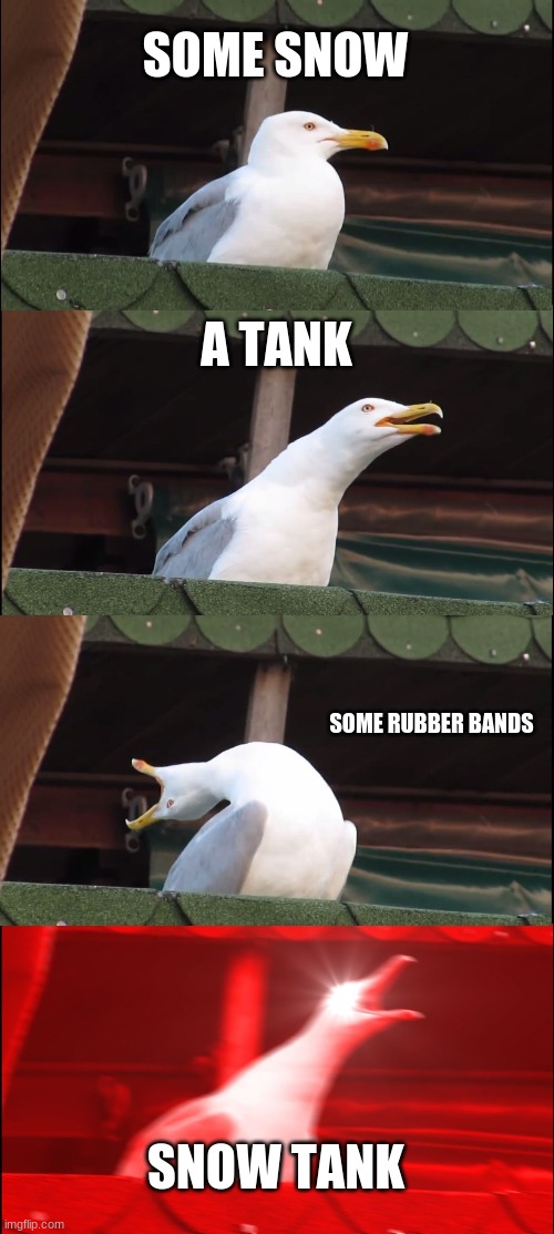 Inhaling Seagull Meme | SOME SNOW A TANK SOME RUBBER BANDS SNOW TANK | image tagged in memes,inhaling seagull | made w/ Imgflip meme maker
