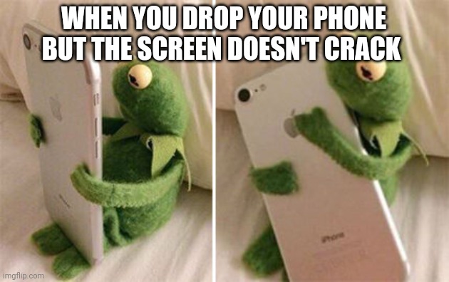 kermit hug | WHEN YOU DROP YOUR PHONE BUT THE SCREEN DOESN'T CRACK | image tagged in kermit hug | made w/ Imgflip meme maker