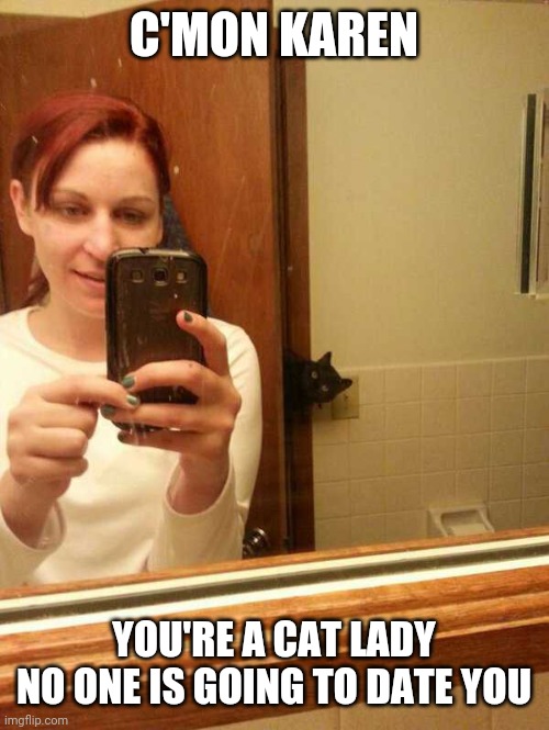 HER SELFIES ARE NOT GONNA HELP HER | C'MON KAREN; YOU'RE A CAT LADY
NO ONE IS GOING TO DATE YOU | image tagged in cats,funny cats | made w/ Imgflip meme maker