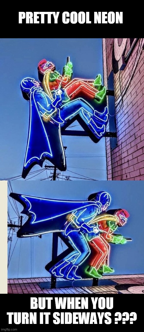Neon | PRETTY COOL NEON; BUT WHEN YOU TURN IT SIDEWAYS ??? | image tagged in neon,batman and robin | made w/ Imgflip meme maker