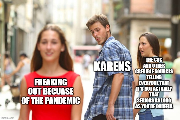 Distracted Boyfriend Meme | THE CDC AND OTHER CREDIBLE SOURCES TELLING EVERYONE THAT IT'S NOT ACTUALLY THAT SERIOUS AS LONG AS YOU'RE CAREFUL; KARENS; FREAKING OUT BECUASE OF THE PANDEMIC | image tagged in memes,distracted boyfriend,covid-19,covid,meme,karen | made w/ Imgflip meme maker
