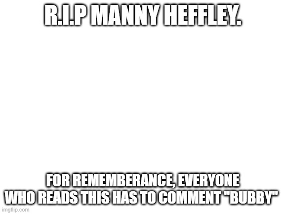 Remembering Manny Heffley | R.I.P MANNY HEFFLEY. FOR REMEMBERANCE, EVERYONE WHO READS THIS HAS TO COMMENT "BUBBY" | image tagged in blank white template | made w/ Imgflip meme maker