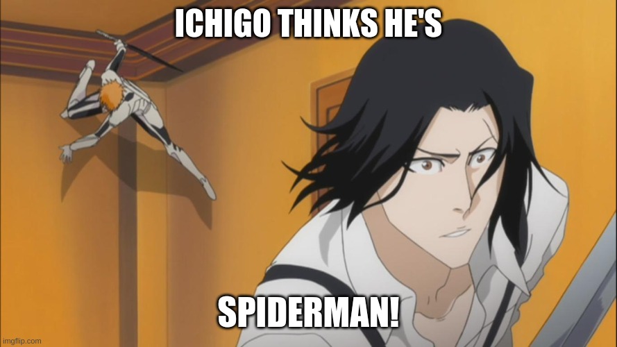 nani?! | ICHIGO THINKS HE'S; SPIDERMAN! | image tagged in spiderman ichigo | made w/ Imgflip meme maker