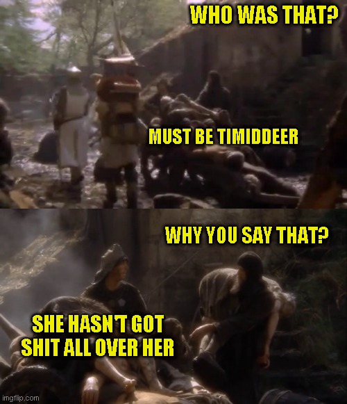 And just like that she was gone again | WHO WAS THAT? MUST BE TIMIDDEER; WHY YOU SAY THAT? SHE HASN'T GOT SHIT ALL OVER HER | image tagged in hi td,miss you | made w/ Imgflip meme maker