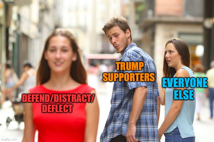 Distracted Boyfriend Meme | DEFEND/DISTRACT/ DEFLECT TRUMP SUPPORTERS EVERYONE ELSE | image tagged in memes,distracted boyfriend | made w/ Imgflip meme maker