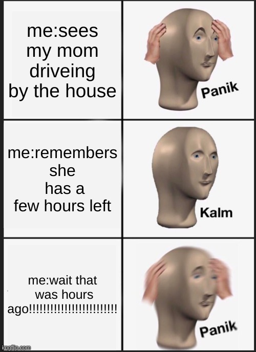 Panik Kalm Panik | me:sees my mom driveing by the house; me:remembers she  has a few hours left; me:wait that  was hours ago!!!!!!!!!!!!!!!!!!!!!!!!! | image tagged in memes,panik kalm panik | made w/ Imgflip meme maker