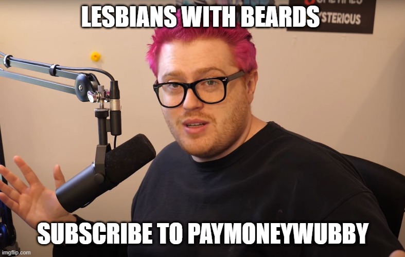 wubles | LESBIANS WITH BEARDS; SUBSCRIBE TO PAYMONEYWUBBY | image tagged in lesbian,streamer | made w/ Imgflip meme maker