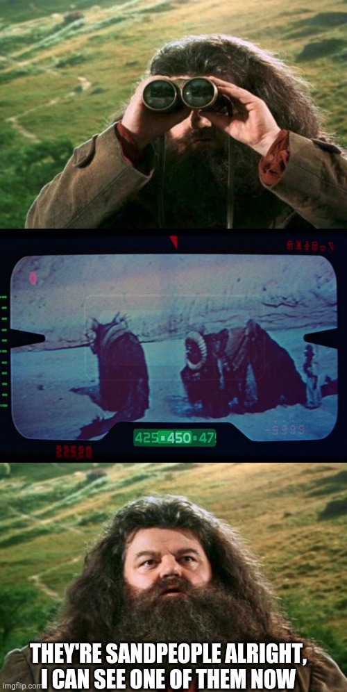 More bad crossover memes! | THEY'RE SANDPEOPLE ALRIGHT, I CAN SEE ONE OF THEM NOW | image tagged in star wars,harry potter,hagrid,crossover,binoculars,bad memes | made w/ Imgflip meme maker