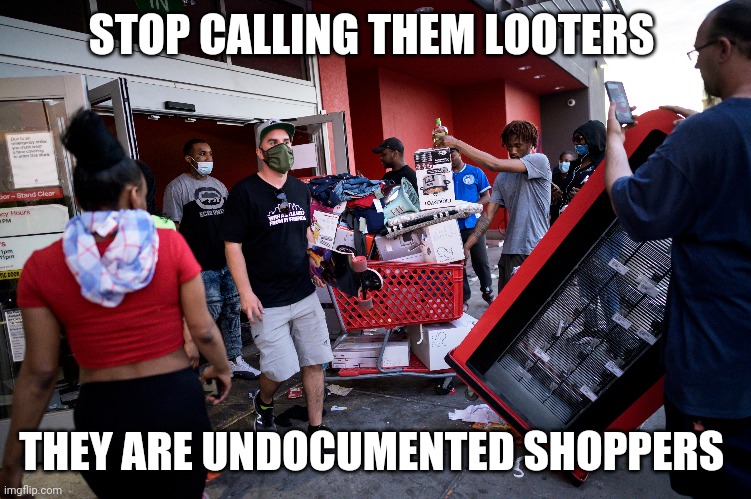 Stop calling them looters | STOP CALLING THEM LOOTERS; THEY ARE UNDOCUMENTED SHOPPERS | image tagged in looting,minneapolis,crime | made w/ Imgflip meme maker