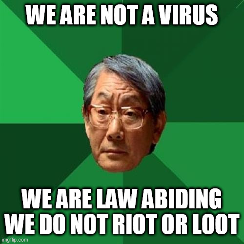 High Expectations Asian Father Meme | WE ARE NOT A VIRUS; WE ARE LAW ABIDING WE DO NOT RIOT OR LOOT | image tagged in memes,high expectations asian father | made w/ Imgflip meme maker