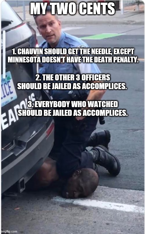 The cops should be ashamed. The onlookers should be ashamed. The rioters should be ashamed. | MY TWO CENTS; 1. CHAUVIN SHOULD GET THE NEEDLE, EXCEPT MINNESOTA DOESN'T HAVE THE DEATH PENALTY. 2. THE OTHER 3 OFFICERS SHOULD BE JAILED AS ACCOMPLICES. 3. EVERYBODY WHO WATCHED SHOULD BE JAILED AS ACCOMPLICES. | image tagged in ofc derek chauvin,murder,minnesota,pussies,riots | made w/ Imgflip meme maker