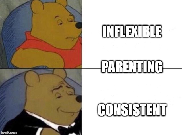 Parenting style | INFLEXIBLE; PARENTING; CONSISTENT | image tagged in classy pooh bear | made w/ Imgflip meme maker