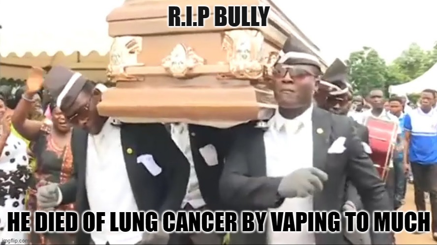 Coffin Dance |  R.I.P BULLY; HE DIED OF LUNG CANCER BY VAPING TO MUCH | image tagged in coffin dance | made w/ Imgflip meme maker