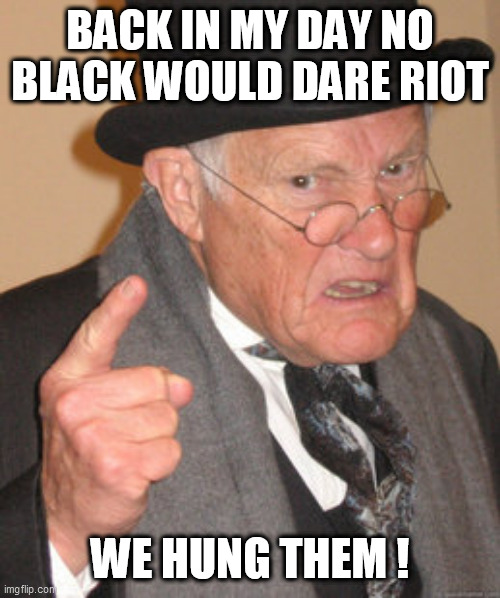 Back In My Day Meme | BACK IN MY DAY NO BLACK WOULD DARE RIOT; WE HUNG THEM ! | image tagged in memes,back in my day | made w/ Imgflip meme maker