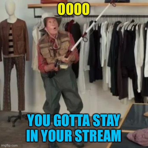 State Farm Fisherman  | OOOO YOU GOTTA STAY IN YOUR STREAM | image tagged in state farm fisherman | made w/ Imgflip meme maker