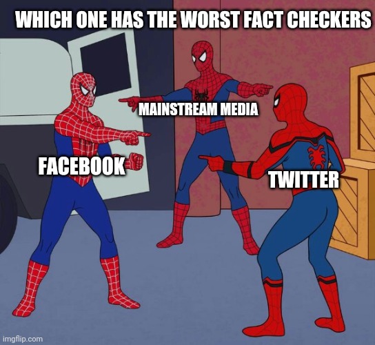 Spider Man Triple | WHICH ONE HAS THE WORST FACT CHECKERS; MAINSTREAM MEDIA; FACEBOOK; TWITTER | image tagged in spider man triple | made w/ Imgflip meme maker