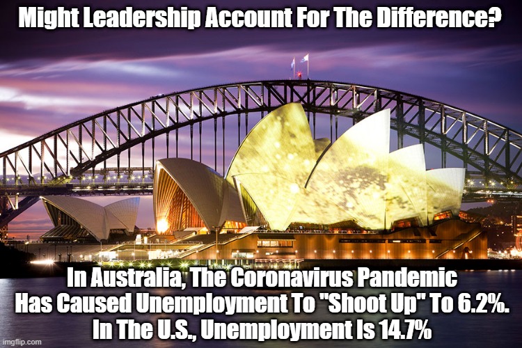  Might Leadership Account For The Difference? In Australia, The Coronavirus Pandemic Has Caused Unemployment To "Shoot Up" To 6.2%.
In The U.S., Unemployment Is 14.7% | made w/ Imgflip meme maker