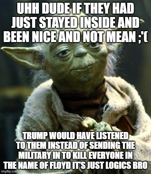 umm. actually, small gov't means military suppression of any discourse, periodt | UHH DUDE IF THEY HAD JUST STAYED INSIDE AND BEEN NICE AND NOT MEAN ;'(; TRUMP WOULD HAVE LISTENED TO THEM INSTEAD OF SENDING THE MILITARY IN TO KILL EVERYONE IN THE NAME OF FLOYD IT'S JUST LOGICS BRO | image tagged in memes,star wars yoda | made w/ Imgflip meme maker