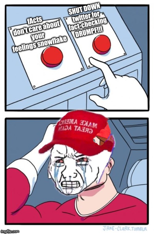 2 buttons maga meme | SHUT DOWN twitter for fact-checking DRUMPF!!! fActs don't care about your feelings snowflake | image tagged in maga,maga hat,twitter,trump,trump supporters,fascism | made w/ Imgflip meme maker