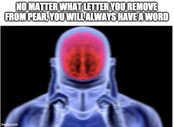 Baby jesus for moderator 2020 | NO MATTER WHAT LETTER YOU REMOVE FROM PEAR, YOU WILL ALWAYS HAVE A WORD | image tagged in brain damage,pear,memes,funny,think about it | made w/ Imgflip meme maker