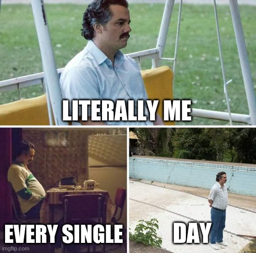 Literally me | LITERALLY ME; EVERY SINGLE; DAY | image tagged in memes,sad pablo escobar | made w/ Imgflip meme maker