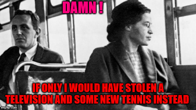 rosa parks | DAMN ! IF ONLY I WOULD HAVE STOLEN A TELEVISION AND SOME NEW TENNIS INSTEAD | image tagged in rosa parks | made w/ Imgflip meme maker