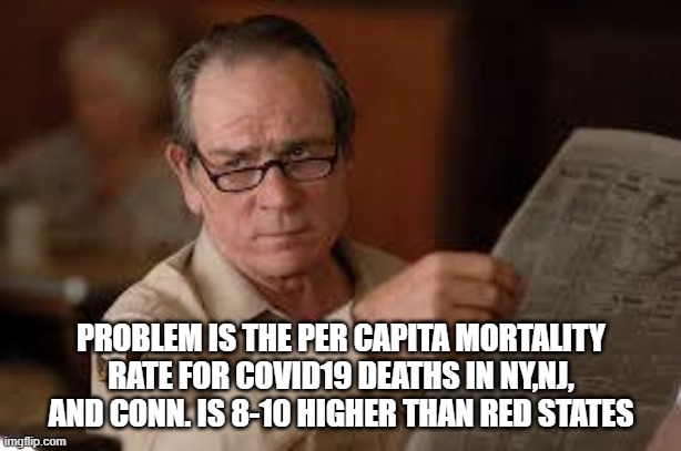 no country for old men tommy lee jones | PROBLEM IS THE PER CAPITA MORTALITY RATE FOR COVID19 DEATHS IN NY,NJ, AND CONN. IS 8-10 HIGHER THAN RED STATES | image tagged in no country for old men tommy lee jones | made w/ Imgflip meme maker