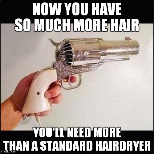 Hair Dryer Overload | NOW YOU HAVE SO MUCH MORE HAIR; YOU'LL NEED MORE THAN A STANDARD HAIRDRYER | image tagged in fun,bad hair day,gun | made w/ Imgflip meme maker